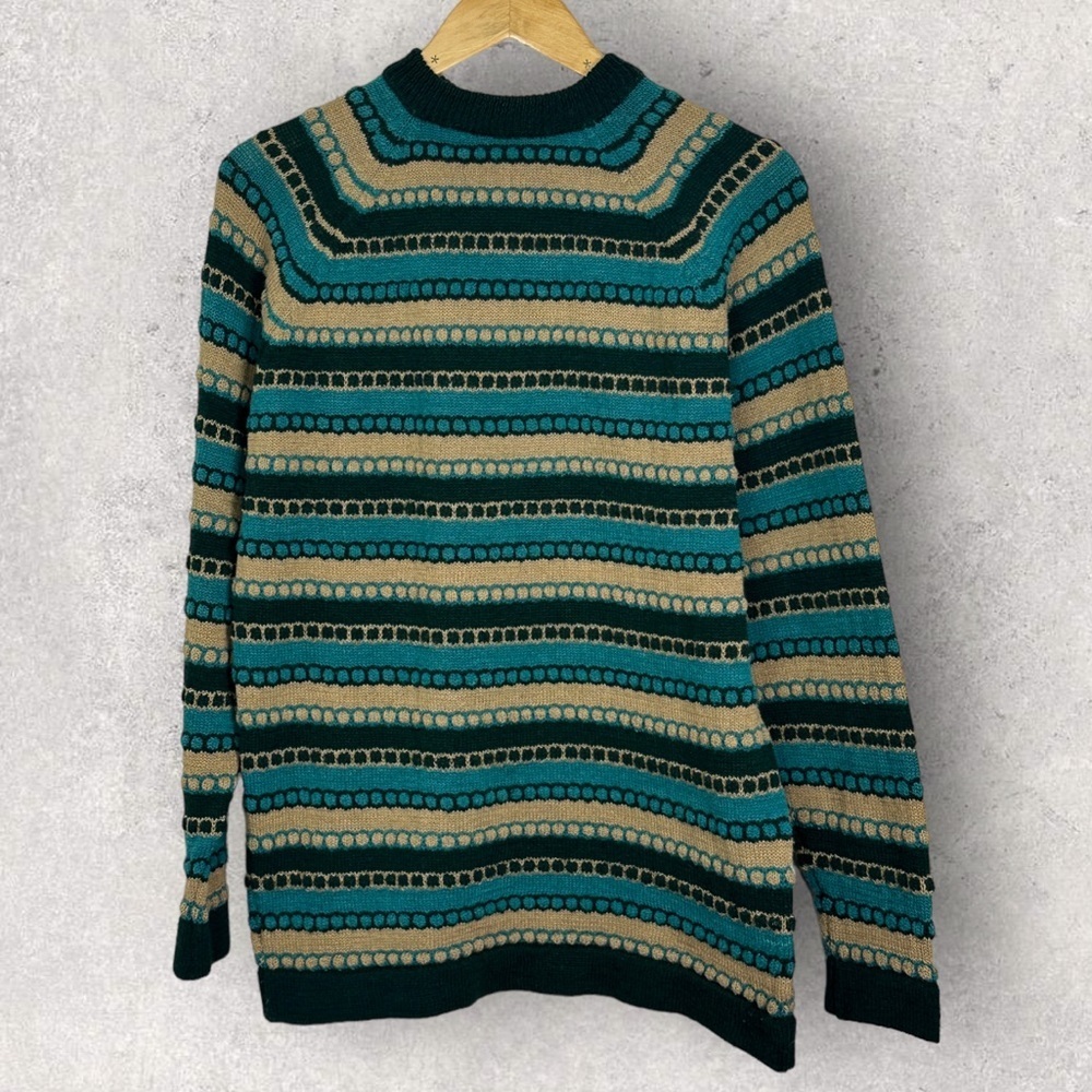 Vintage Wool Blend 3D Knit Sweater Pullover Green Teal Brown Stripe Large Zipper - Picture 3 of 11